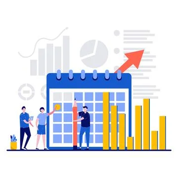 Schedule statistics concept with tiny character. A team of analysts plans a.. Stock Illustration