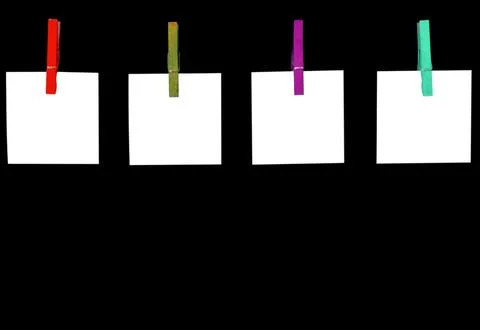Schedule theme. Blank white paper lists pinned with clothespins isolated on.. Stock Photos