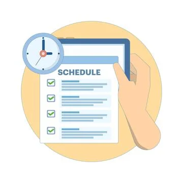 Scheduled Appointment Concept. Tablet with Schedule and Clock. Stock Illustration