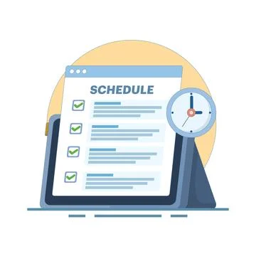 Scheduled Appointment Concept. Tablet with Schedule and Clock. Stock Illustration