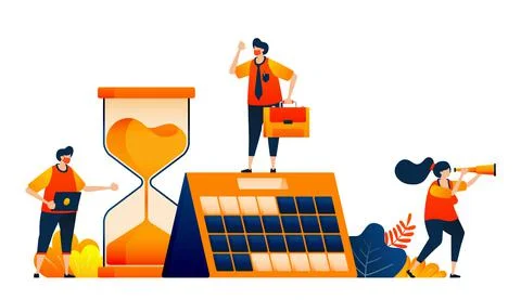 Scheduling and plan on calendar. Countdown with an hourglass. Classic clock.  Stock Illustration