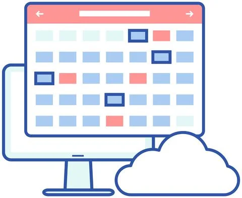 Scheduling app and cloud storage icon on screen. Planning and time management Illustrazione stock
