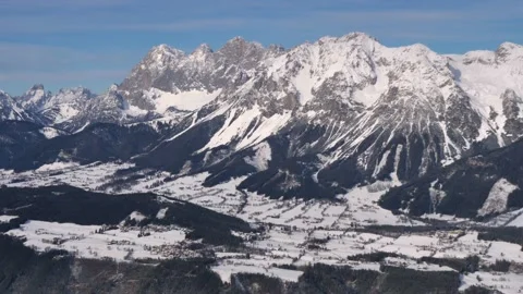 Scheichenspitze Peak in Dachstein Mountain Range and Village of Ramsau in Winter Stock Footage 145828447