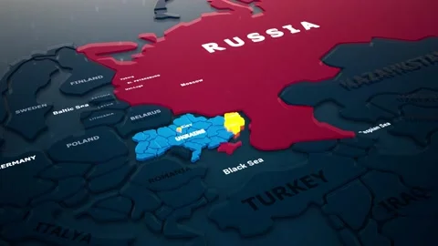 Schematic 3d animation of the of Ukraine and Russia with highlighted Lugansk, Do Stock Footage 171036447