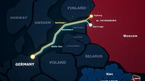 Schematic 3d map with highlighted path of Nord Stream Stock Illustration