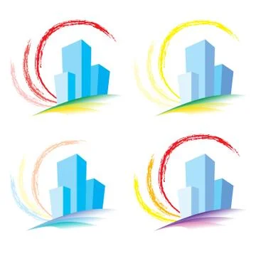 Schematic Of The Building On A Background Of A Symbolic Sun. Stock Illustration