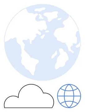 Schematic Earth globe in blue, cloud symbol in black, and wireframe globe ico Stock Illustration