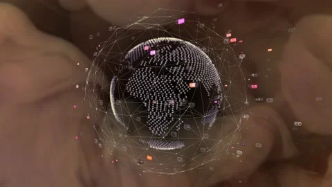 A schematic globe rotates inside a web of numbers and graphs against a backgroun Stock Footage 233029690