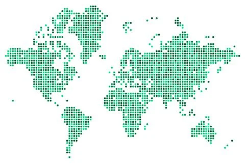 Schematic grainy world map image with continents in green eco style. Global.. 库存插图