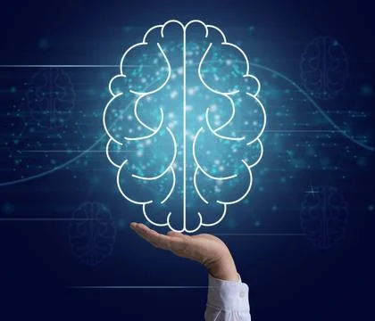 Schematic icon of human brain and male hand on a blue background. Stock Photos