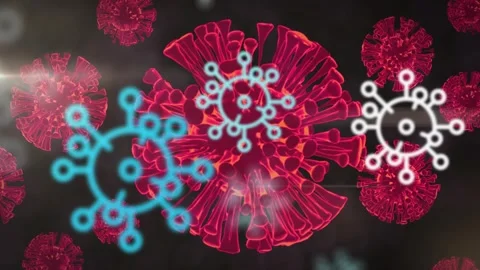 Schematic icons entering from left, large red particle pulsating and rotating, Stock Footage 329594361