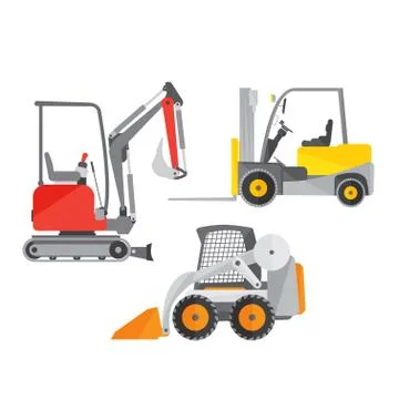 Schematic illustration of two mini tractors or excavators and one mini forklift Stock Illustration