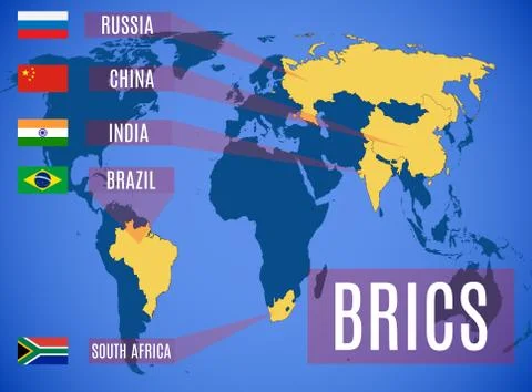 A schematic map of the States members of the BRICS (Brazil, Russia, India, Ch Ilustração Stock