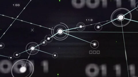 Schematic network opening on tech UI, central node emitting rings, green traces Stock Footage 332900103
