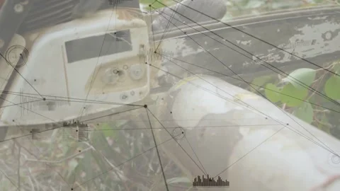 Schematic overlay appearing, camera panning and revealing weathered chainsaw, Stock Footage 333967817