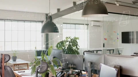 Schematic overlays rising from lamp covering workstation, visualizing tech Stock Footage 333145236