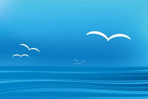 Schematic seagull landscape in blue tones with marine background. Stock Illustration