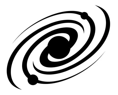 Schematic spiral galaxy icon. Exploration of space and star clusters. Black h Illustrazione stock