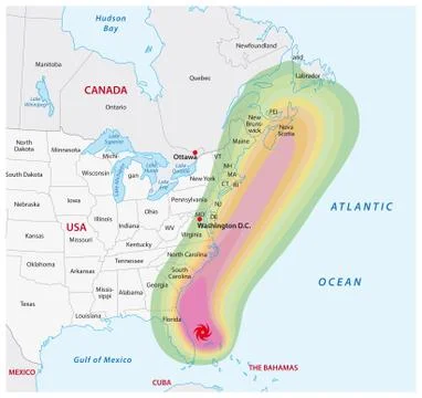 Schematic vector map of a fictional hurricane in North America 스톡 일러스트