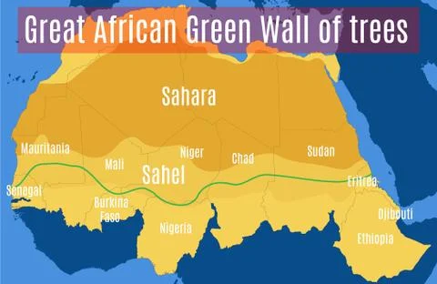 Schematic vector map of the Great African Green Wall Sahara and the Sahel. イラスト素材