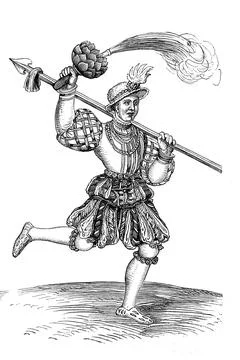 Schembart runner with fire piston from 1539, Nuremberg, Bavaria, Germany, Stock Illustration
