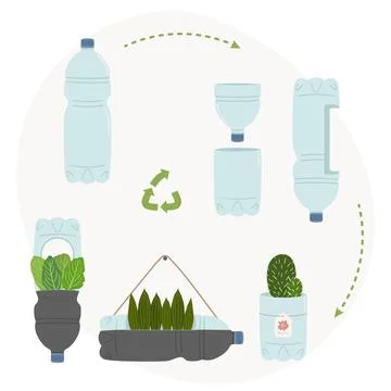 Scheme of DIY plastic bottle planters on white background. Vertical garden,.. Stock Illustration