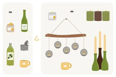 Scheme of upcycling elements for candles. Handmade and DIY secondary use. E.. Stock Illustration