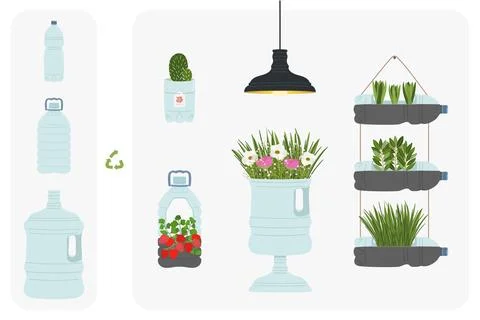 Scheme of upcycling plastic elements. Handmade and DIY secondary use. Ecolo.. Stock Illustration