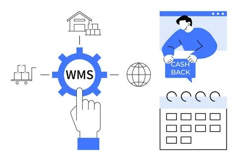 Scheme of WMS with gear, hand, warehouse, trolley, globe, calendar, and perso Ilustração Stock
