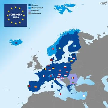 Schengen Area map with borders and flags Ilustración de archivo