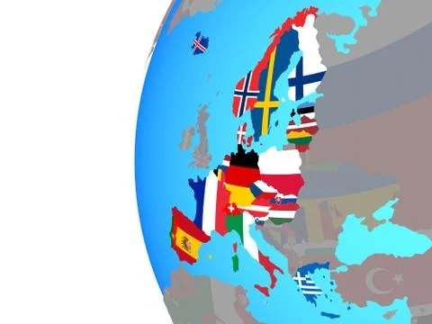 Schengen Area members with flags on globe Stock Illustration