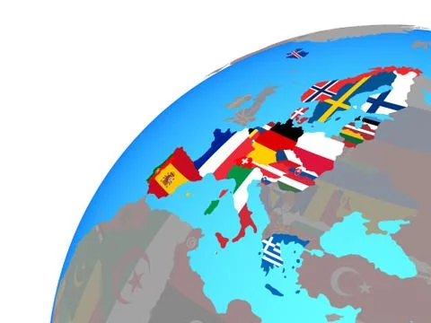 Schengen Area members with flags on globe Stock Illustration
