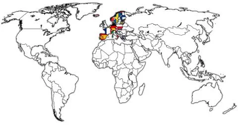 Schengen Area territory on world map Stock Illustration