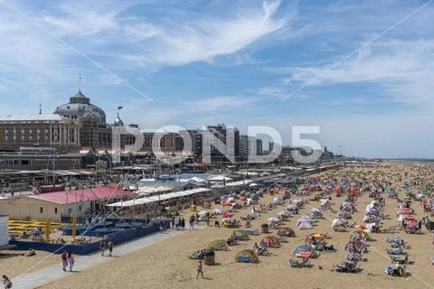 SCHEVENINGEN, 2 June 2019 - Aerial view of the beach of The Hague with crowde Stock Photos