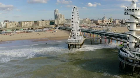 Scheveningen,  Ferris wheel, Beach, Bungee Jump, De Pier Suites, Summer Stock Footage 145728097