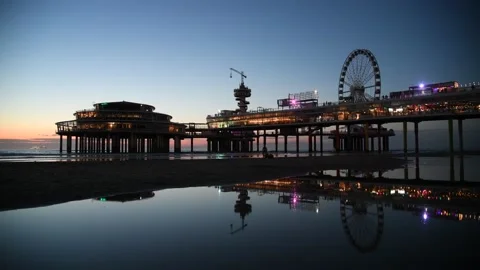 Scheveningen pier at sunset Stock Footage 136343105