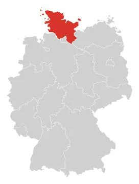 Schleswig-Holstein highlighted on map of Germany, red on grey Stock Illustration