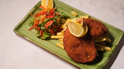 Schnitzel, Austrian dish, fa01 Stock Footage 277042379