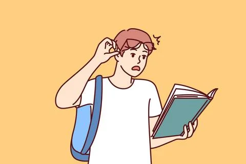 Schockierter Student mit Buch liest erstaunlich intelligente Fakten im Leh... Stock Photos