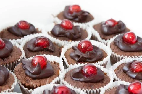  Schokoladenmuffins - Chocolate Muffins Weiße Schale vor weißem Hintergrun. Stock Photos