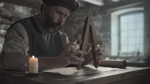Scholar adjusting a wooden compass and checking dimensions on a blueprint 스톡 동영상 337649638