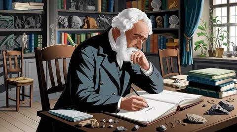 A scholar deeply engaged in research and writing in a library filled with f.. Illustrazione stock