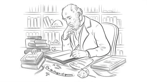 A scholar deeply engrossed in studying Charles Darwin\'s theories on evolut.. Illustrazione stock