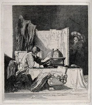 A scholar sits in his study reading by a globe, a woman peeps from behind a.. Illustrazione stock