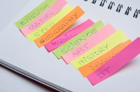 Scholar subjects handwritten on colored notes, with a white background Stock Photos