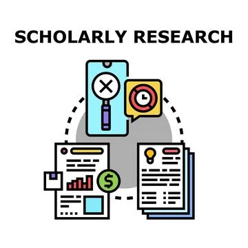 Scholarly research process with data analysis and online search Stock Illustration