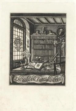 A scholar's study. Etching by C.W. Sherborn, 1890. Illustrazione stock