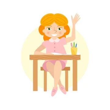 Schoogirl raising hand flat vector illustration. Stock Illustration