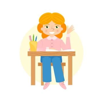 Schoogirl raising hand flat vector illustration. Stock Illustration
