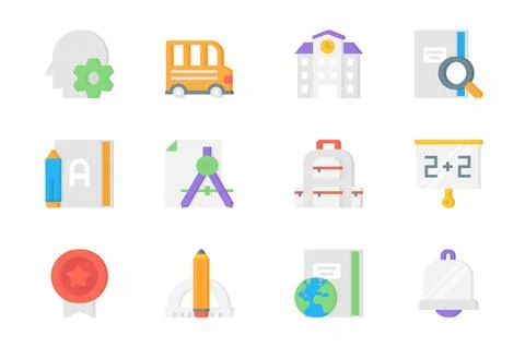 School 3d icons set. Pack flat pictograms of thinking, bus, building, textb.. Ilustración de archivo